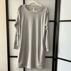 [S] Kyodan Women’s Cozy Fall Light Grey Rip Snap Button Long Sleeve Midi Dress